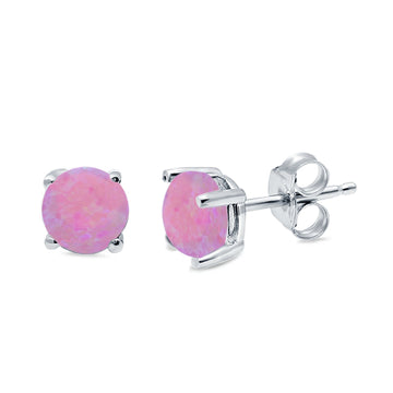 Round Solitaire Stud Earrings Lab Created Pink Opal 925 Sterling Silver 7mm